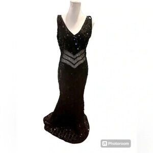 🆕 Dalia Macphee Black Sequined Illusion Waist Gown Extra Large